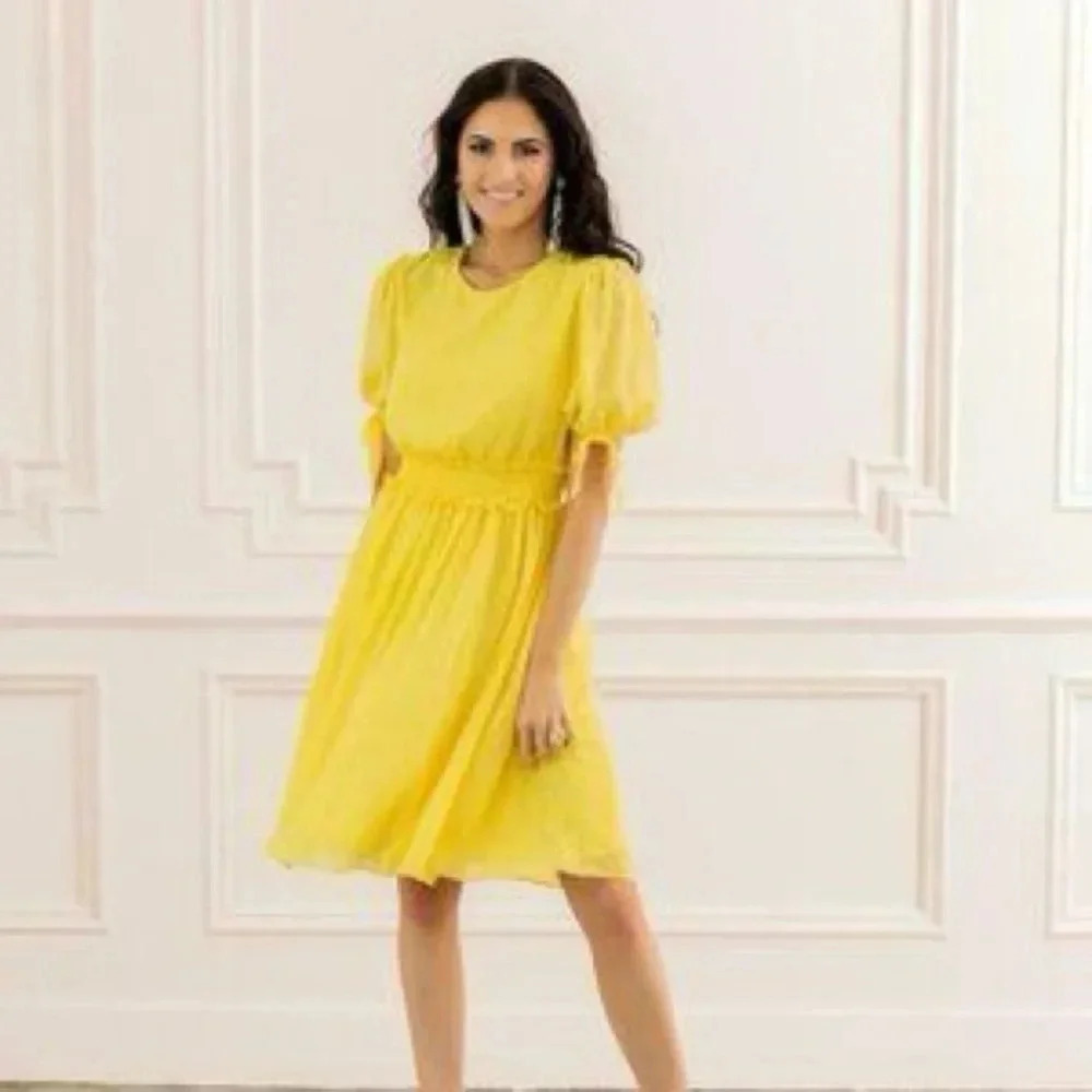 Rachel Parcell Smocked Waist Swiss Dot Lemon Yellow Mini Dress Size XS